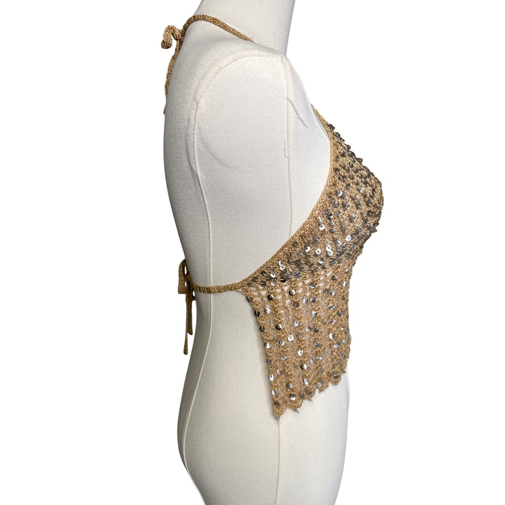 SHE'S Halter Top Women OS Gold Sequin Crochet Knit Festival Boho Mermaidcore Y2K - Picture 4 of 9